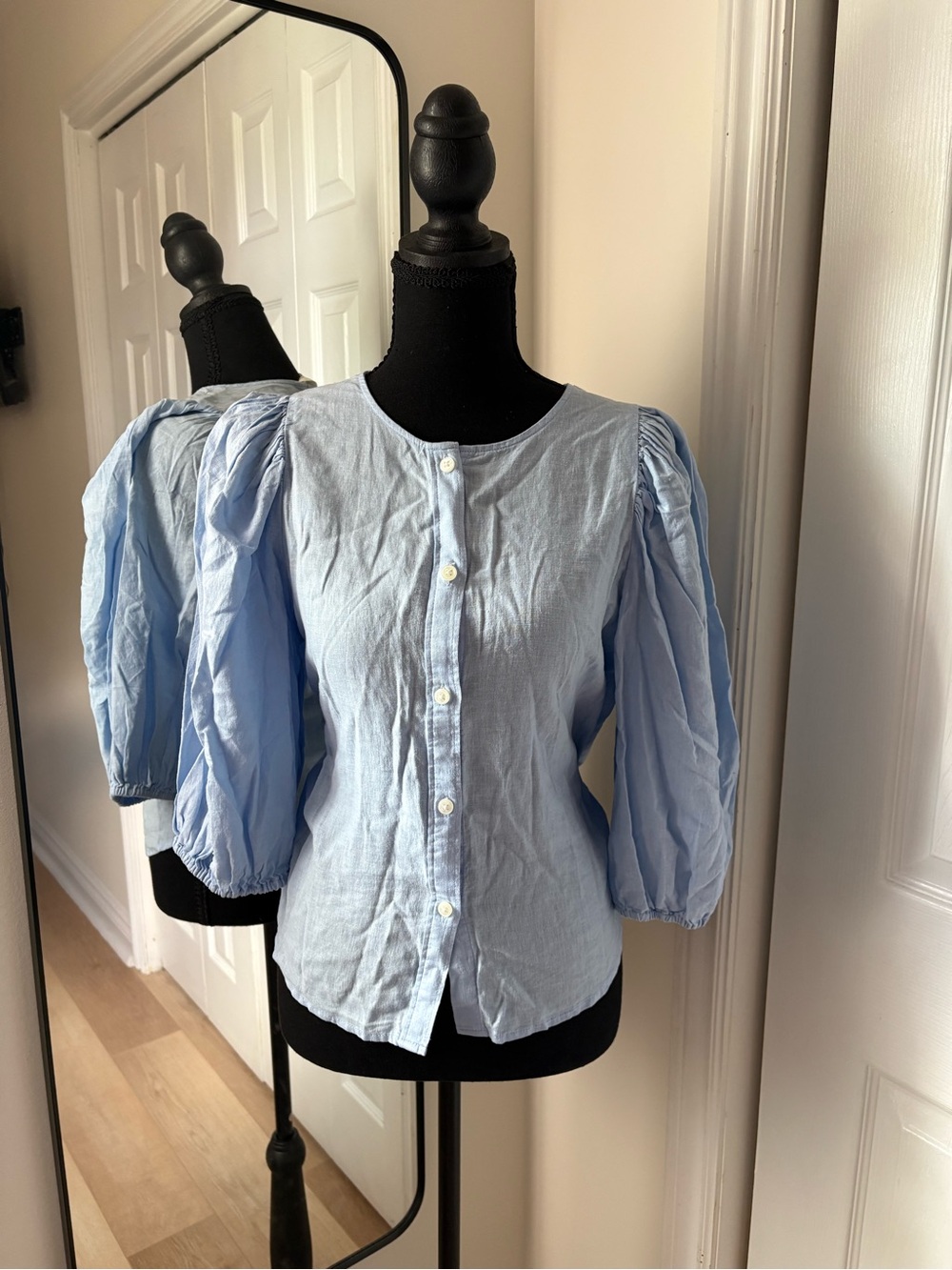 H&M Pale Blue Puff Sleeve Button-Front Top